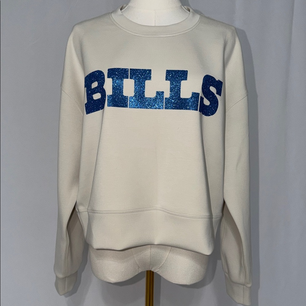 CRZ YOGA Cream Sweatshirt with Blue Buffalo Bills Glitter Lettering